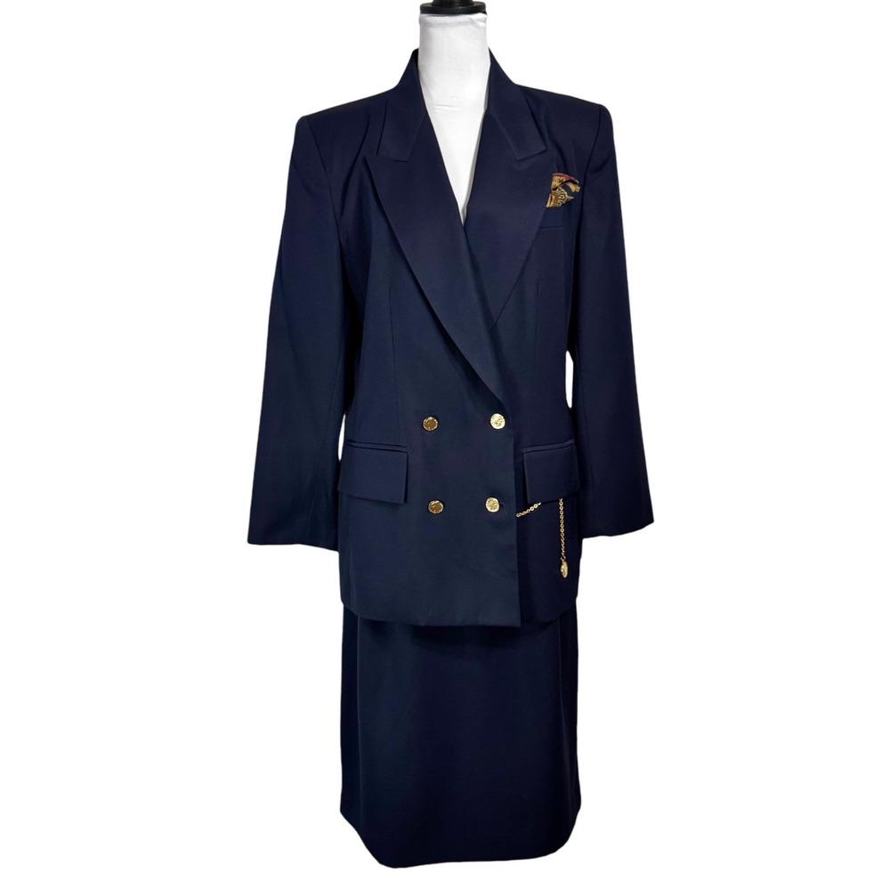 NWT Vintage Kasper Skirt Suit 12 10 Navy Gold Button Double Breasted Blazer 90s